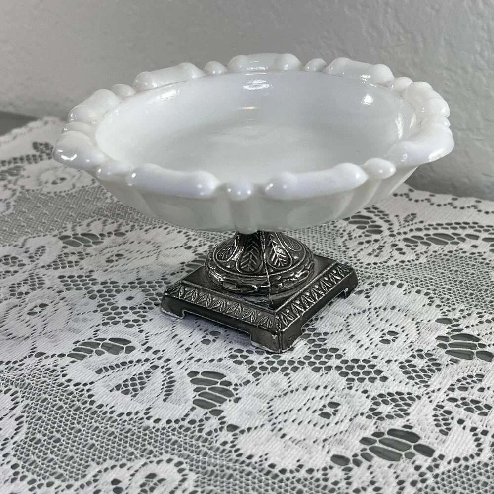 Vintage pedestal dish white glass metal footed soap trinket tray